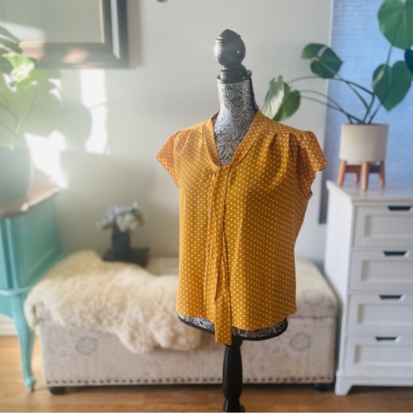 🏷️ 4/$25 Anthro Style Marigold Mustard Polka Dot Cap Sleeve Blouse Top - Picture 7 of 7